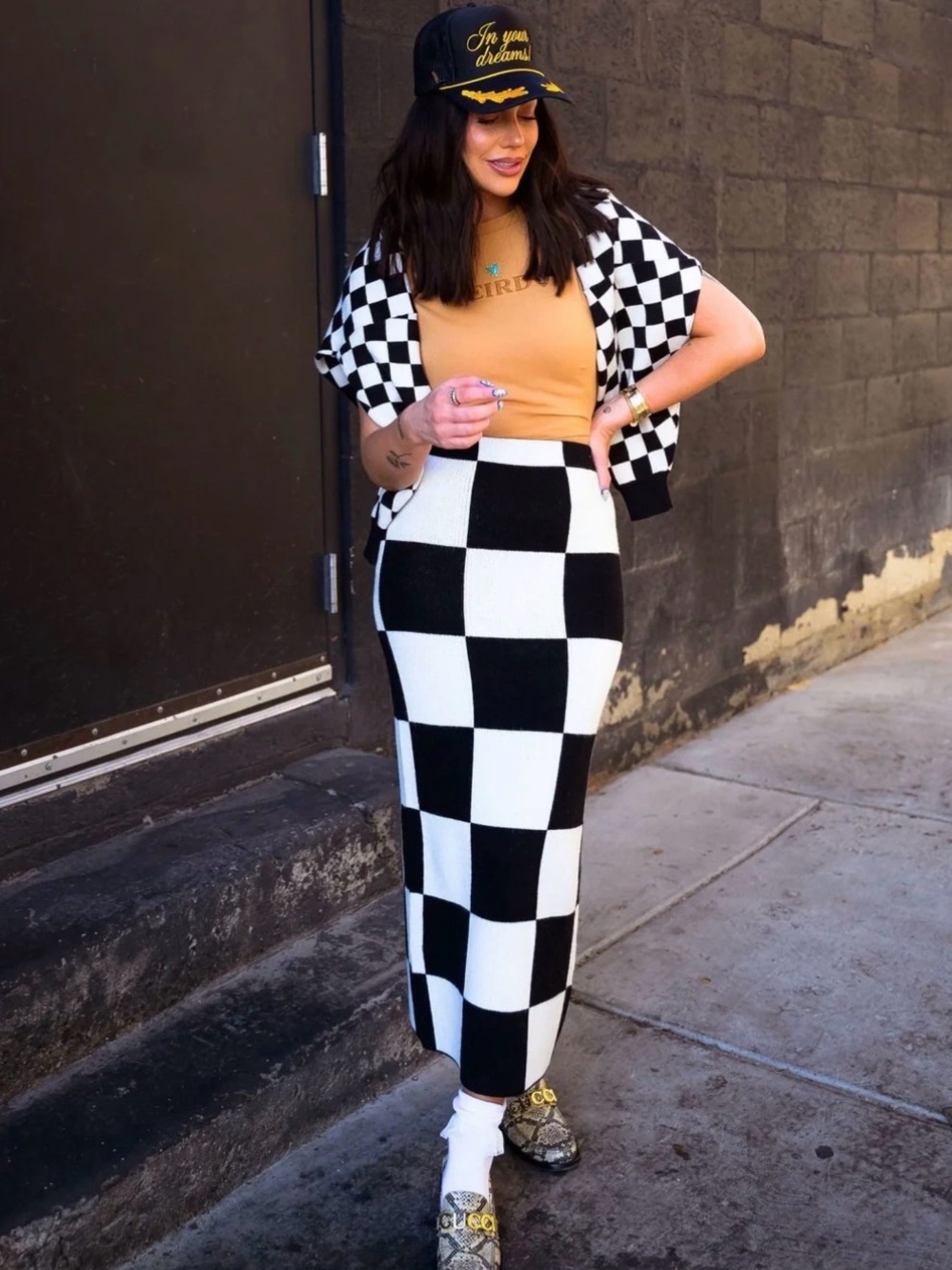 Dressed in LALA Checkerboard Knit Midi Skirt - Black & White